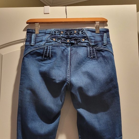 Electric Blue 3 Button Jeans With Rhinestones - Picture 4 of 6